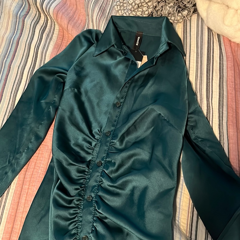 Satin Emerald Green Button Down Dress
